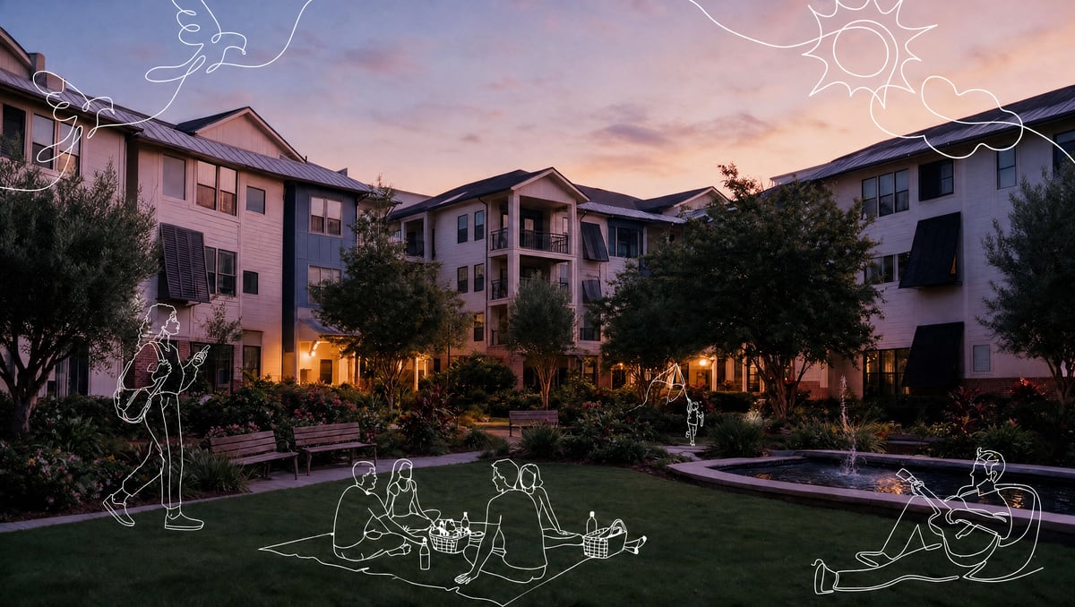 Neighbors gathering for a picnic in an apartment community courtyard at dusk